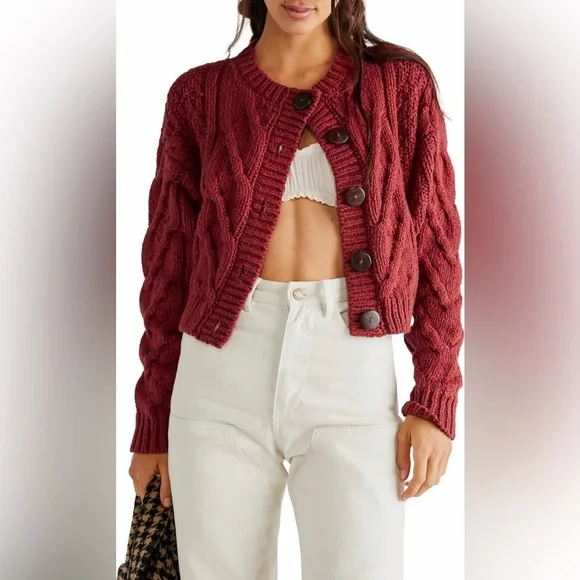 Free People Bonfire Cable Knit Cardi in Cowboy - Picture 2 of 6